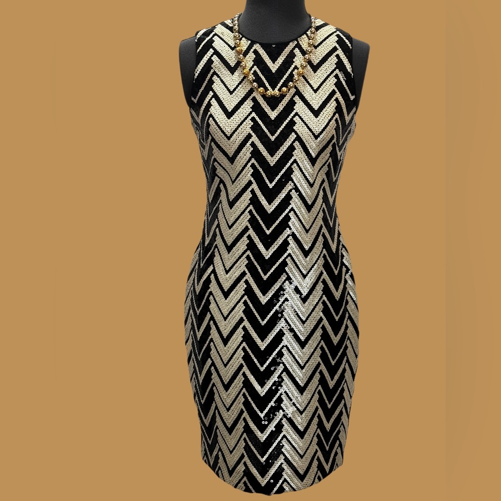 Vince Camuto Bodycon Black & Ivory Dress With Chevron Pattern Sequins  S…